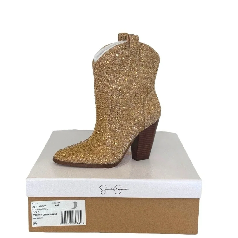 Jessica‎ Simpson Cissely Gold Rhinestone Glitter Western Ankle Boots Size 6M